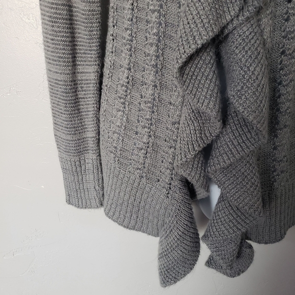 Grey Sweater Knit Long Sleeve Cardigan Draped Ruffle Girly Feminine Layering Top - Picture 8 of 8